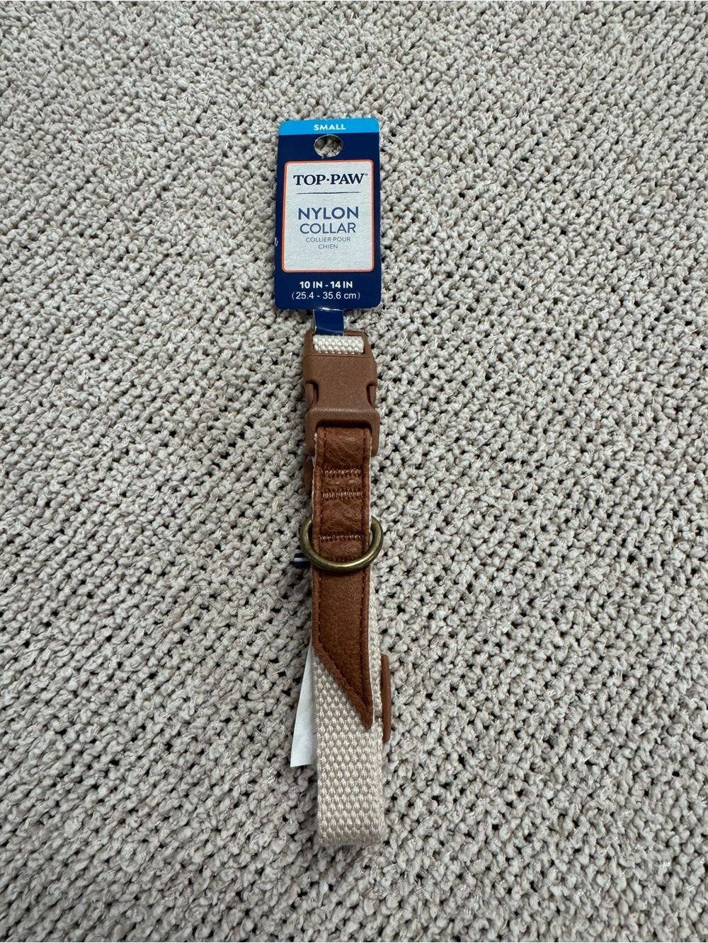Top Paw Small Dog Collar Brown Leather-Trim & Cream Nylon